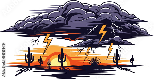 Desert sunset storm with lightning strikes over cacti silhouettes