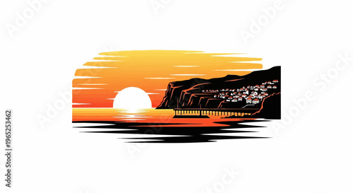 Pixelated sunset over coastal town with pier and reflection