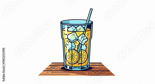 Refreshing iced beverage with citrus slices and a straw on a wooden surface