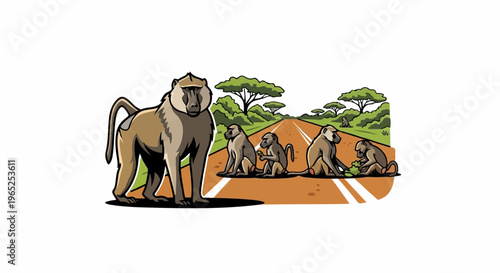 Several baboons are on a dirt road in a savanna landscape