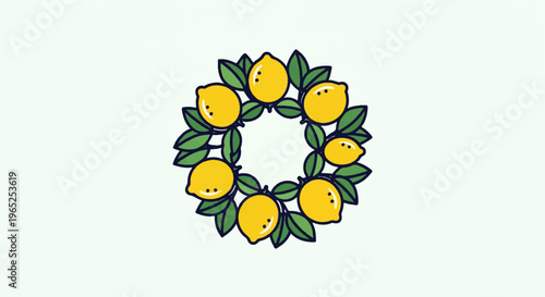 Circular arrangement of seven cartoonish lemons with green leaves