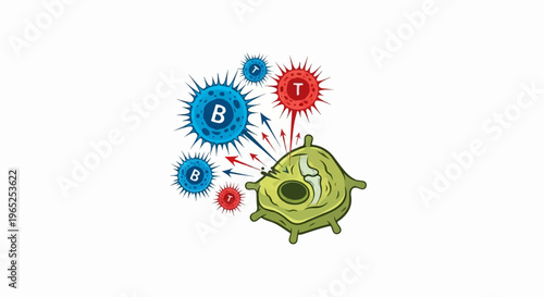 Illustration of immune cells interacting with viruses