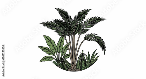 Lush green tropical foliage and palm fronds in an oval