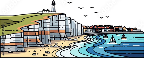 Coastal town with lighthouse, cliff, beach, and sailboats on the sea