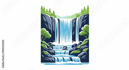 Majestic tiered waterfall cascades down rocky cliffs amidst lush trees