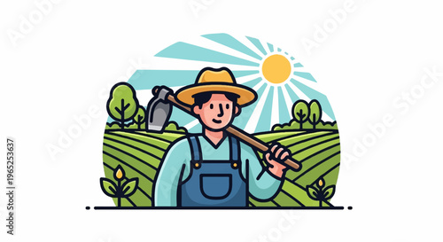 Cheerful farmer with hoe in sunlit green fields and trees