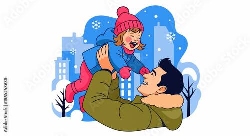 Man tosses happy child in the air on a snowy winter day