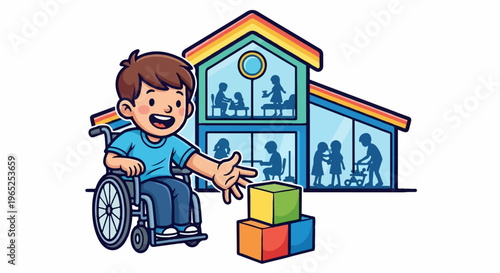 Cheerful child in wheelchair reaches for blocks near building with children silhouettes