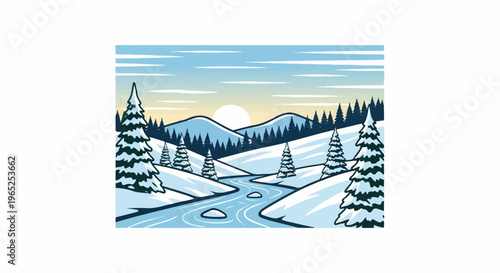 Snowy hills with evergreen trees, a flowing river, and sunset