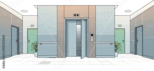 Modern hallway with open elevator, doors, and potted plants