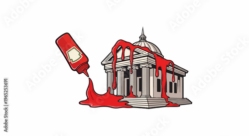 Ketchup bottle pours sauce onto classical building