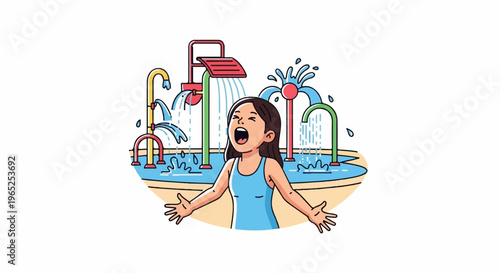 Joyful girl at a water park with spraying fountains