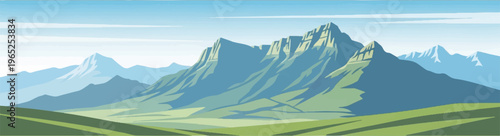 Pixelated mountain range under a cloudy sky with rolling green hills