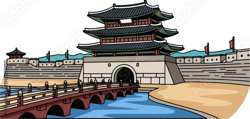 Stylized drawing of a traditional tiered roof structure and fort