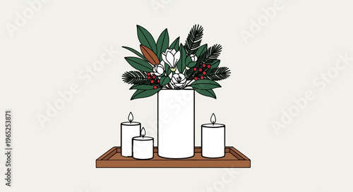 A white vase with a floral arrangement and lit candles on a tray