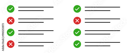 Checklist illustration with check and cross marks task list validation concept approval and rejection comparison interface design clean layout productivity workflow management evaluation system
