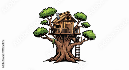 A whimsical wooden treehouse perches atop a sturdy, ancient tree