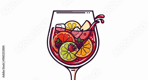 Refreshing glass filled with red liquid, ice cubes, and various fruit slices