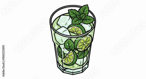 Refreshing iced drink with mint and lime slices in a glass