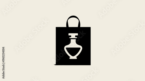 A stylized black shopping bag with a perfume bottle icon, on a beige background
