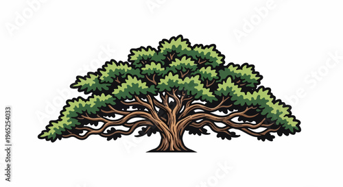 A stylized illustration of a large, mature tree with broad green foliage and thick, gnarled branches