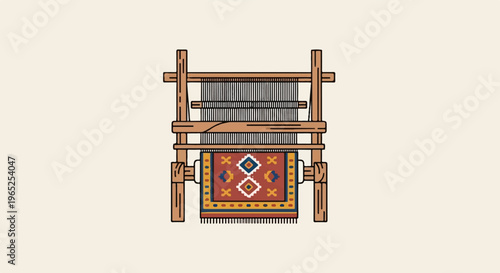 Traditional wooden loom with a colorful patterned rug being woven