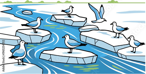 Seagulls perched on floating ice blocks in a flowing river