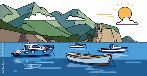 Scenic coastal view with boats anchored in calm blue water under a sunny sky