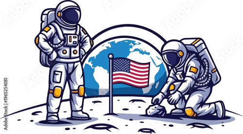 Two astronauts plant a flag on the moon, with Earth in the background