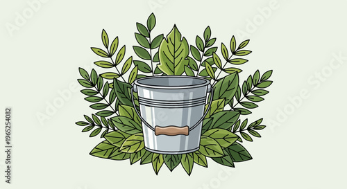 A silver bucket with a wooden handle surrounded by lush green leaves