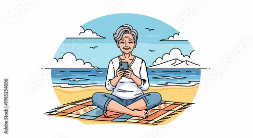 Senior woman uses smartphone while sitting cross-legged on a blanket at the beach