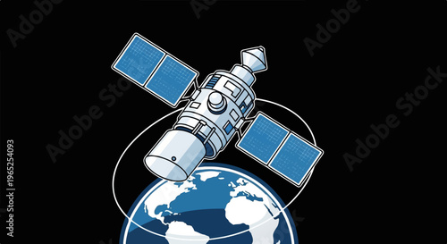 A satellite with solar panels orbits a stylized Earth in space