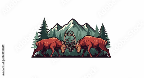 Two stags lock antlers in a forest with mountains behind