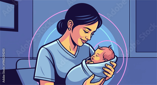 A loving mother gently cradles her sleeping newborn baby in her arms