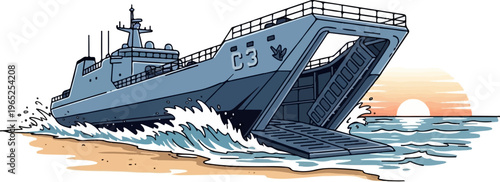 A pixel art landing craft approaches a sandy beach at sunset with open ramp