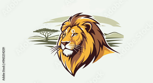 Stylized lion portrait with African savanna background and acacia tree