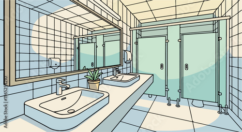 Stylized drawing of a clean public restroom with two sinks and stalls