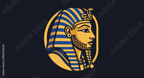 Stylized portrait of ancient Egyptian pharaoh with striped headdress and cobra