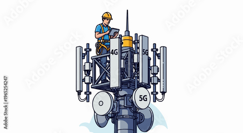 Technician inspecting 5G and 4G tower equipment from a platform