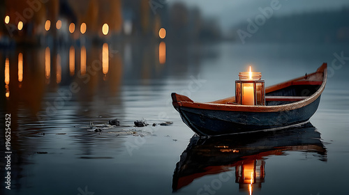 Floating Candle on Teal Boat at Dusk