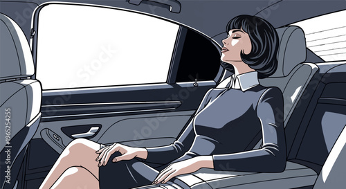 Woman relaxing in the back seat of a car, bathed in sunlight