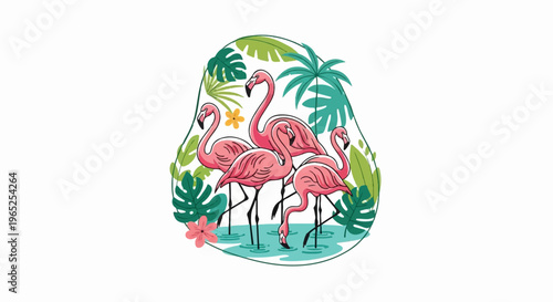 A group of pink flamingos stands in shallow water surrounded by lush green tropical foliage and flowers