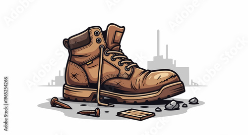 Work boot with nails and lumber on ground, industrial background