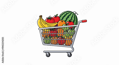 A full shopping cart overflowing with a colorful assortment of fresh fruits and vegetables
