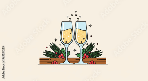 Two champagne glasses with festive greenery and berries, sparking