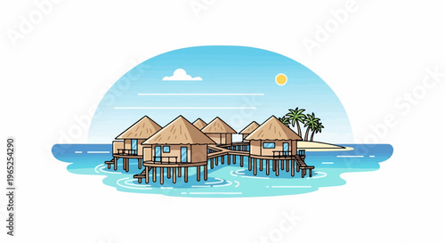 Tropical overwater bungalows with thatched roofs dot a turquoise sea under a bright sun