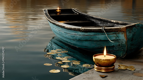 Floating Candle on Teal Boat at Dusk