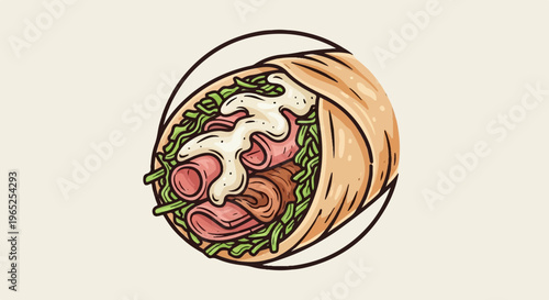 A delicious wrap filled with meat and greens, drizzled with creamy sauce