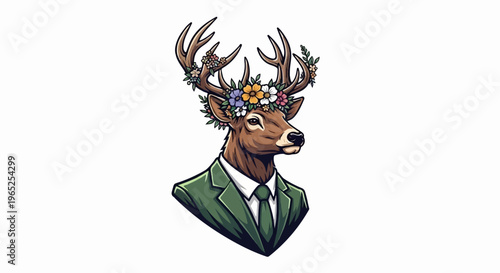 A deer adorned with flowers on its antlers wears a formal suit