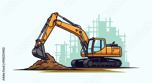 Yellow excavator digging a pile of dirt with construction in background